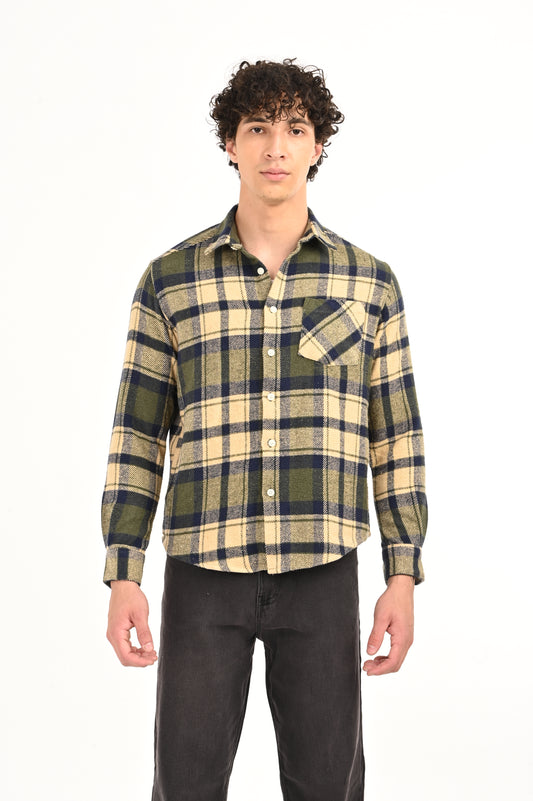 DLAZY BEIGE AND OLIVE GREEN FLANNEL CHECK SHIRT.