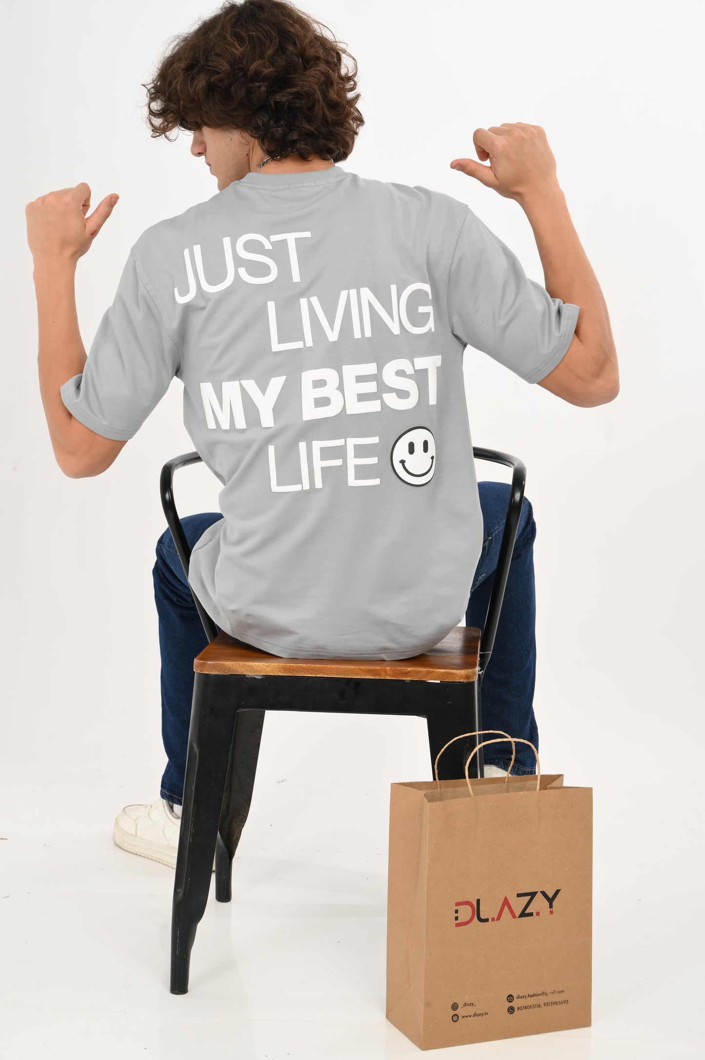 DLAZY JUST LIVING MY BEST LIFE GREY OVERSIZED TEE