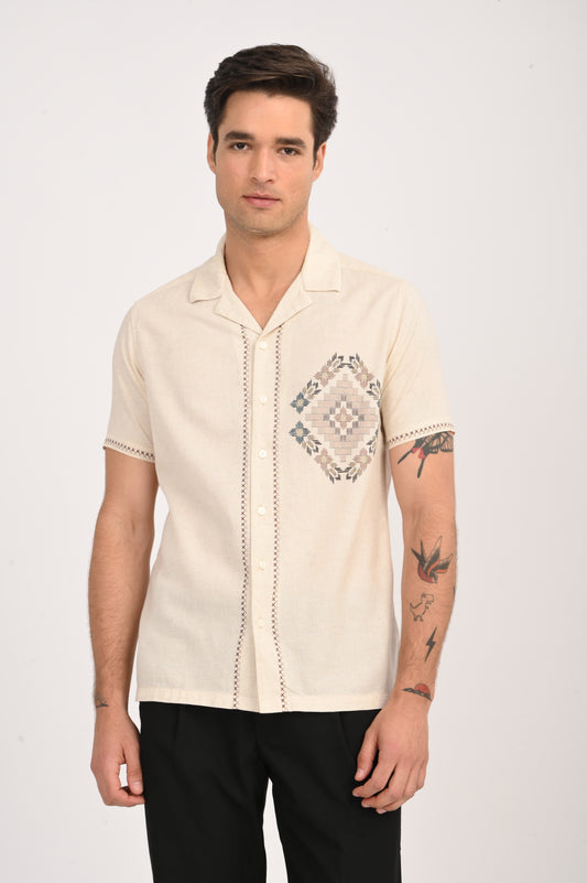 DLAZY ARTISAN DIAMOND DIGITAL PRINTED COTTON LINEN SHIRT