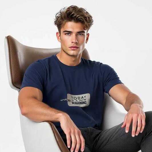 DLAZY NAVY BLUE PRINTED : REGULAR FIT 210 GSM PREMIUM COTTON T-SHIRT