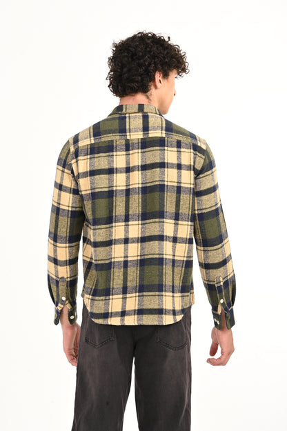 DLAZY BEIGE AND OLIVE GREEN FLANNEL CHECK SHIRT.