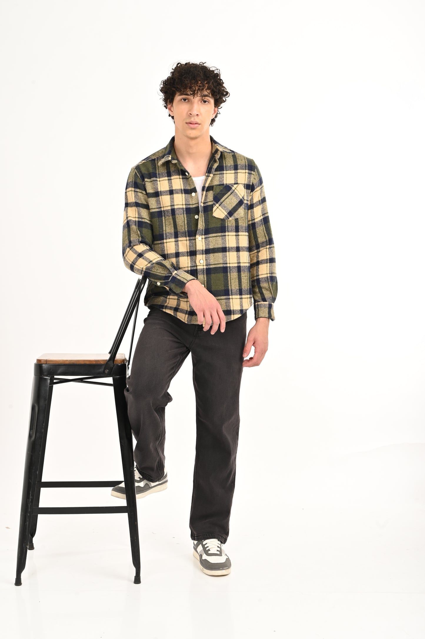 DLAZY BEIGE AND OLIVE GREEN FLANNEL CHECK SHIRT.