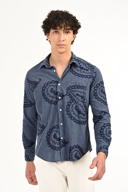 DLAZY BLUE CORDUROY SHIRT WITH NAVY PAISLEY EMBROIDERY.