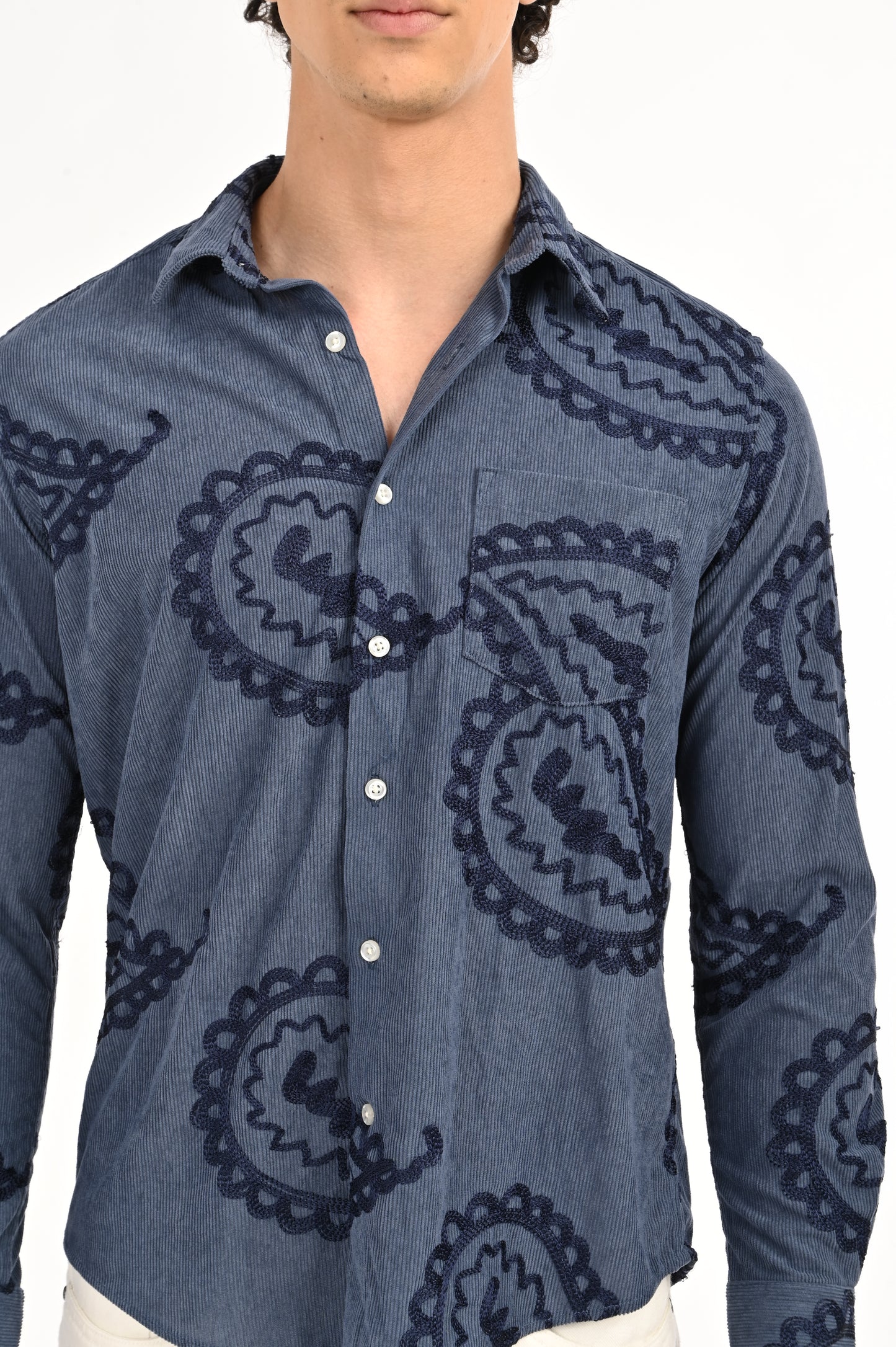 DLAZY BLUE CORDUROY SHIRT WITH NAVY PAISLEY EMBROIDERY.