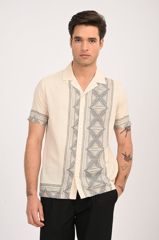 DLAZY ETHINC GEOMETRY DIGITAL PRINTED COTTON LINEN SHIRT..