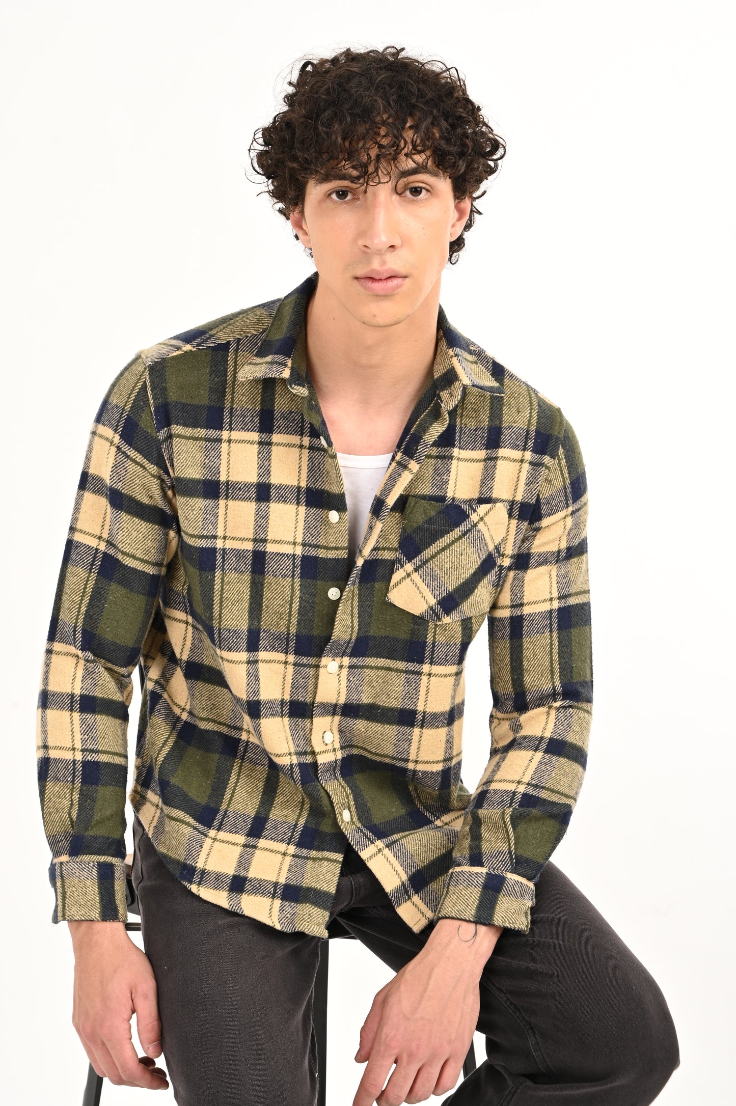 DLAZY BEIGE AND OLIVE GREEN FLANNEL CHECK SHIRT.