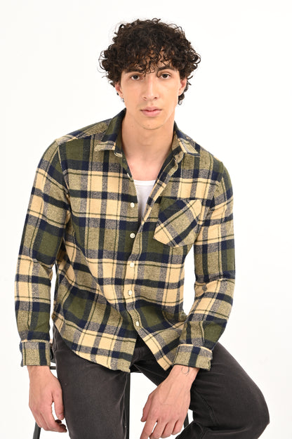 DLAZY BEIGE AND OLIVE GREEN FLANNEL CHECK SHIRT.