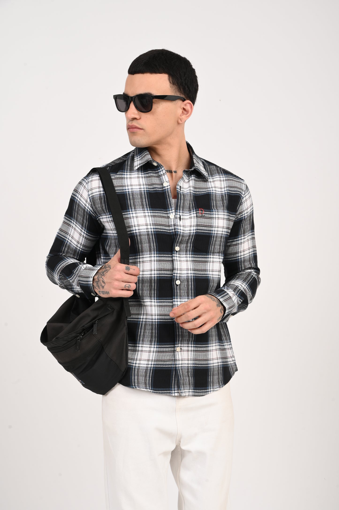 Dlazy black and white check shirt with a subtle grey tone.