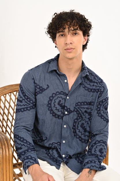 DLAZY BLUE CORDUROY SHIRT WITH NAVY PAISLEY EMBROIDERY.
