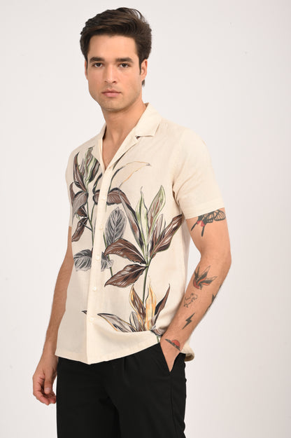 DLAZY EARTH LEAF DIGITAL PRINTED COTTON LINEN SHIRT..