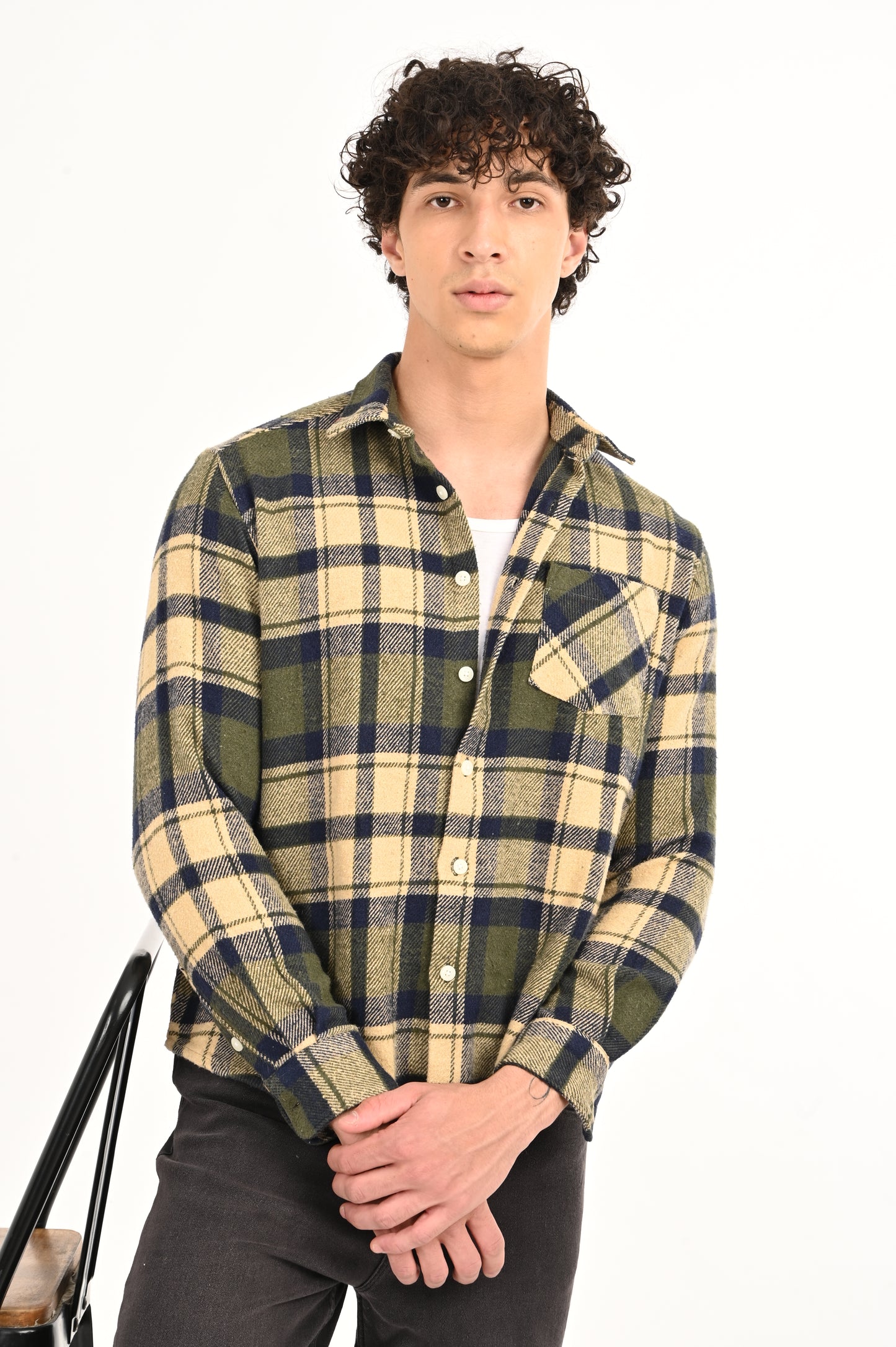 DLAZY BEIGE AND OLIVE GREEN FLANNEL CHECK SHIRT.