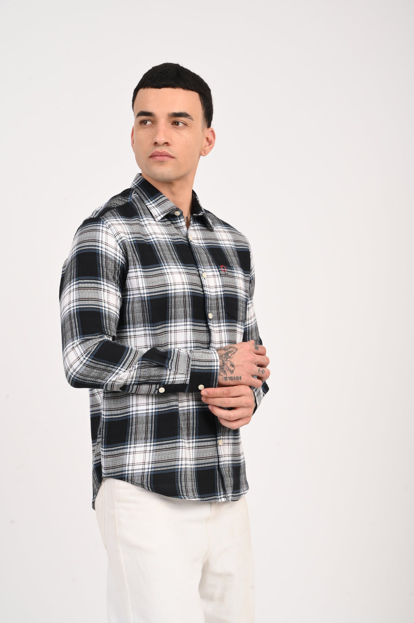 Dlazy black and white check shirt with a subtle grey tone.