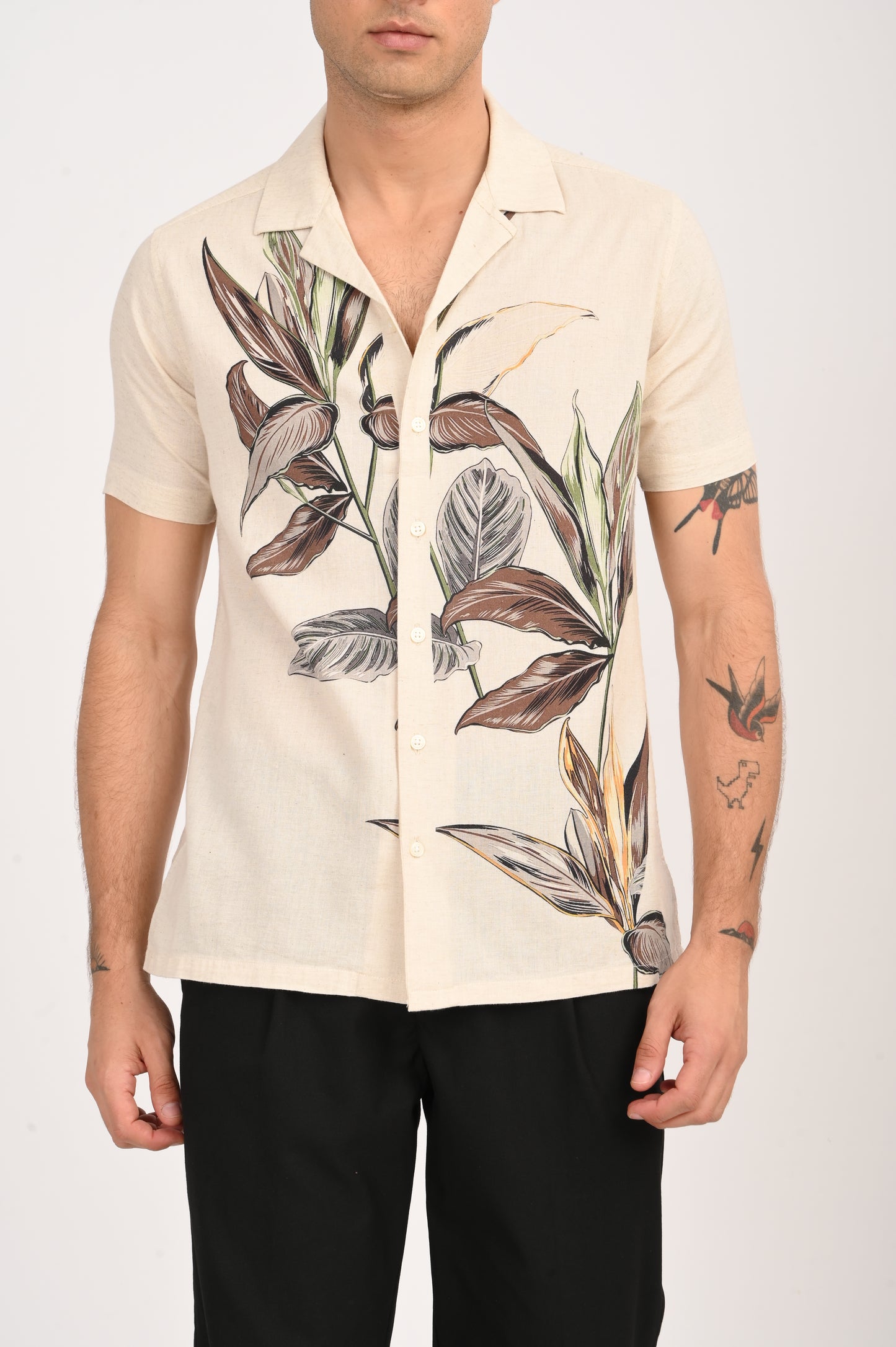 DLAZY EARTH LEAF DIGITAL PRINTED COTTON LINEN SHIRT..