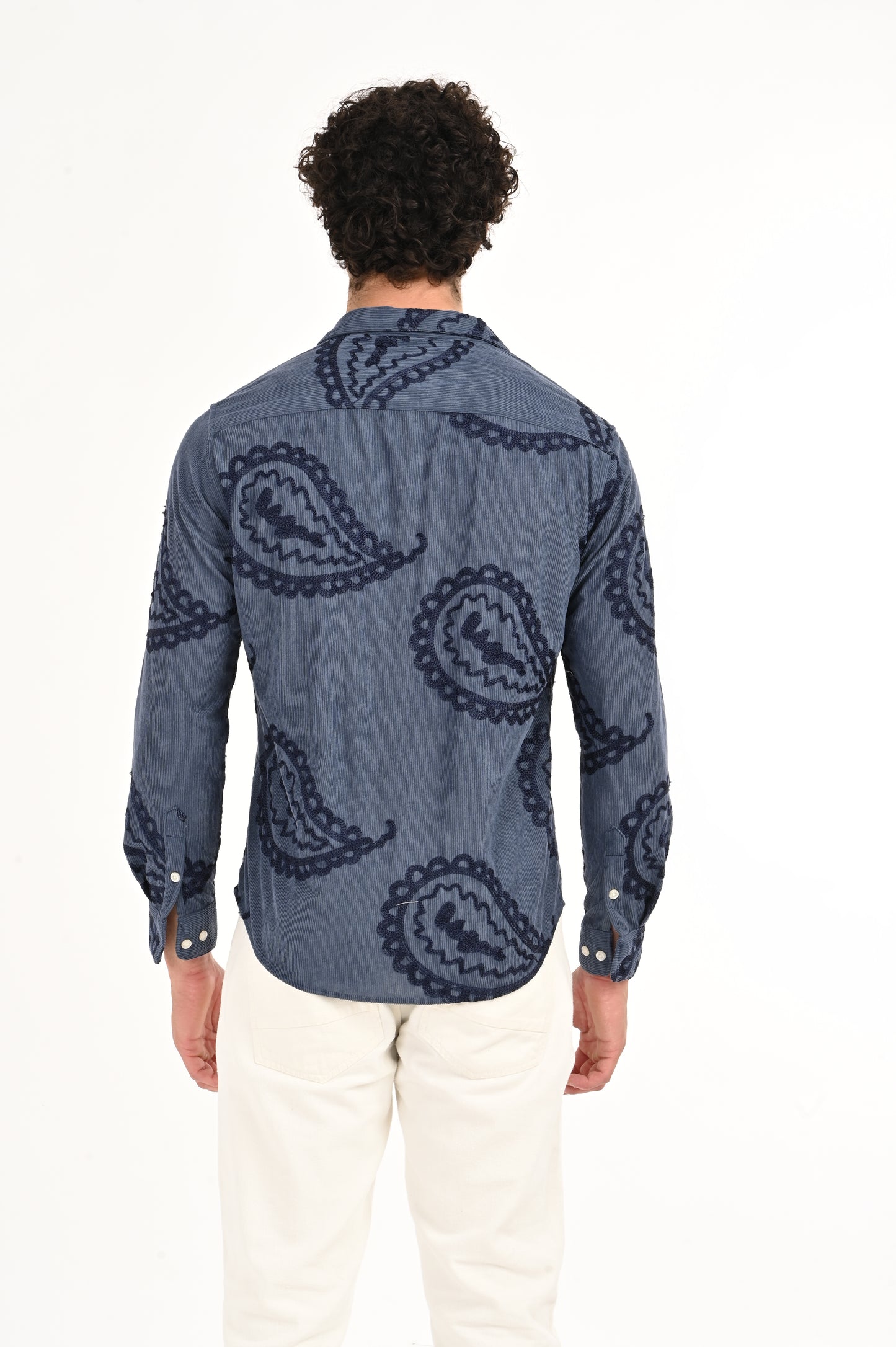 DLAZY BLUE CORDUROY SHIRT WITH NAVY PAISLEY EMBROIDERY.