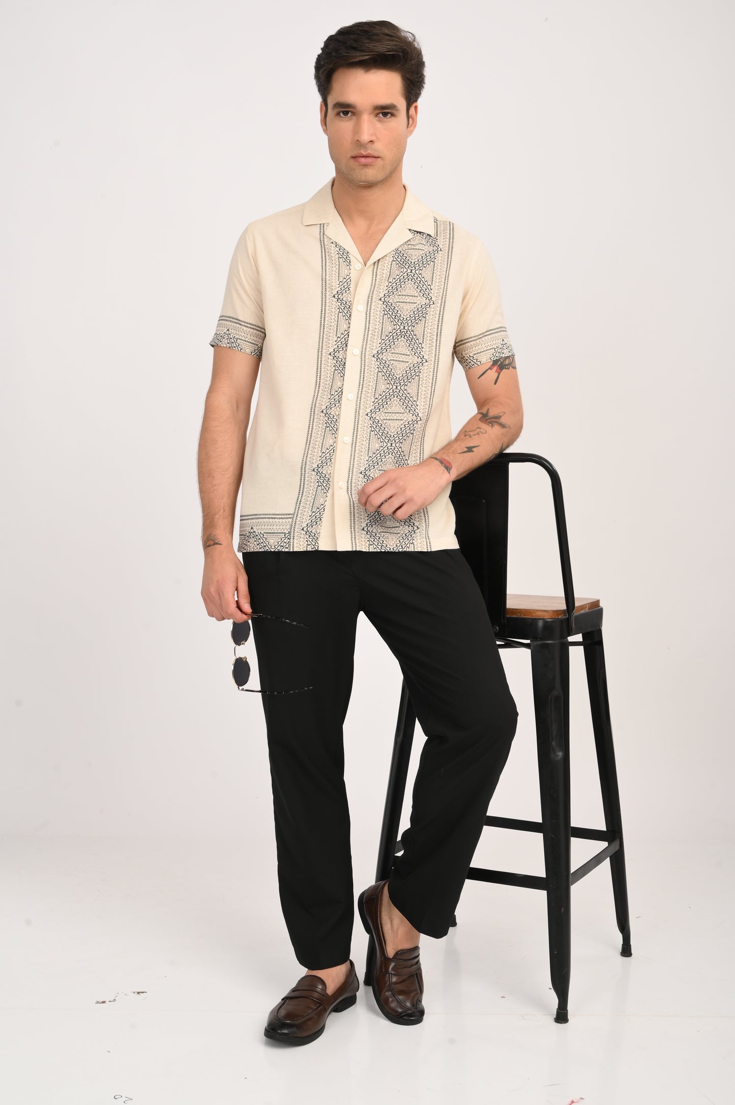 DLAZY ETHINC GEOMETRY DIGITAL PRINTED COTTON LINEN SHIRT..
