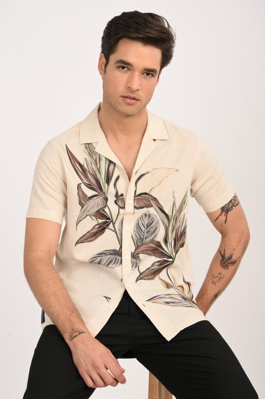 DLAZY EARTH LEAF DIGITAL PRINTED COTTON LINEN SHIRT..