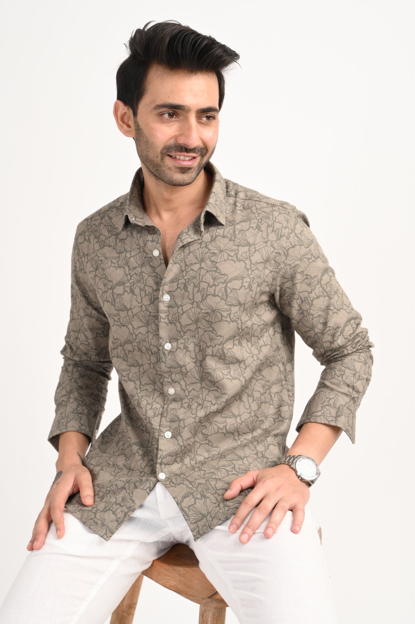 DLAZY SAGA BEIGE DOBBY PRINTED SHIRT
