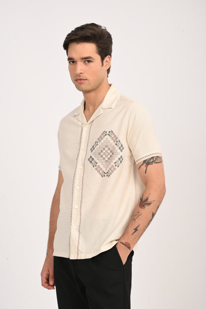 DLAZY ARTISAN DIAMOND DIGITAL PRINTED COTTON LINEN SHIRT