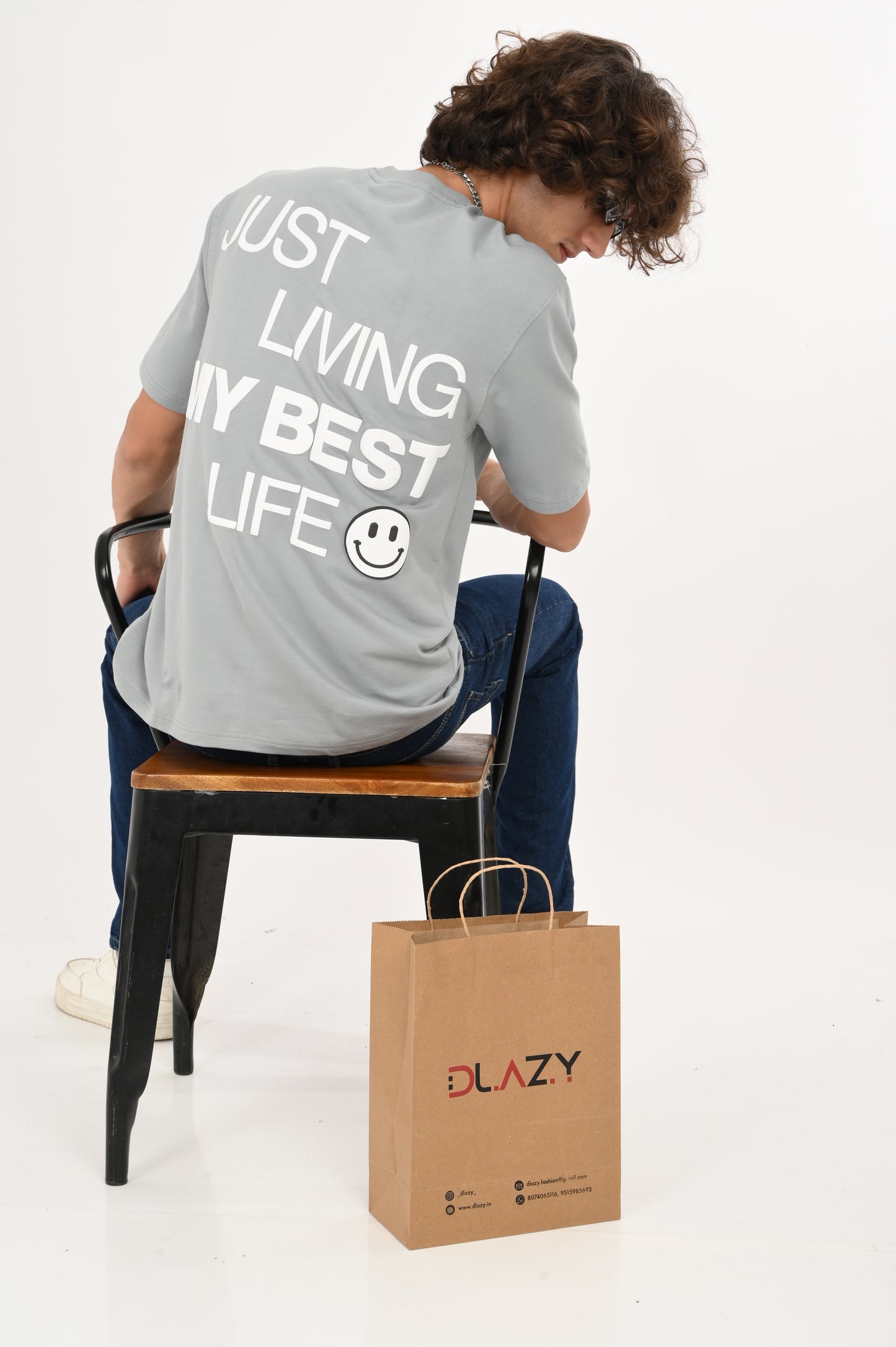 DLAZY JUST LIVING MY BEST LIFE GREY OVERSIZED TEE