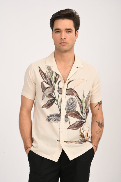 DLAZY EARTH LEAF DIGITAL PRINTED COTTON LINEN SHIRT..