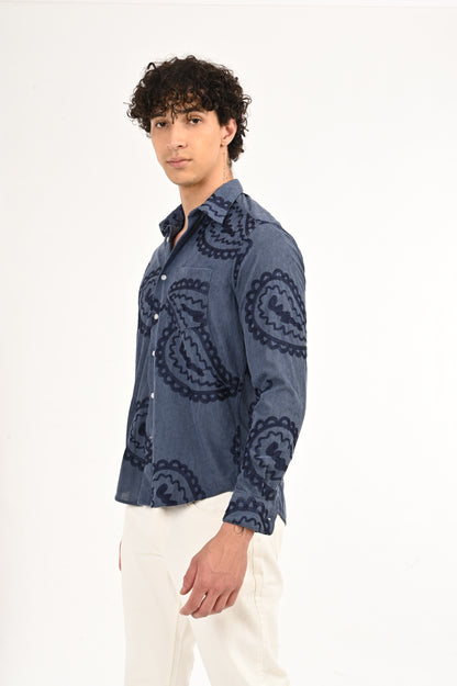 DLAZY BLUE CORDUROY SHIRT WITH NAVY PAISLEY EMBROIDERY.