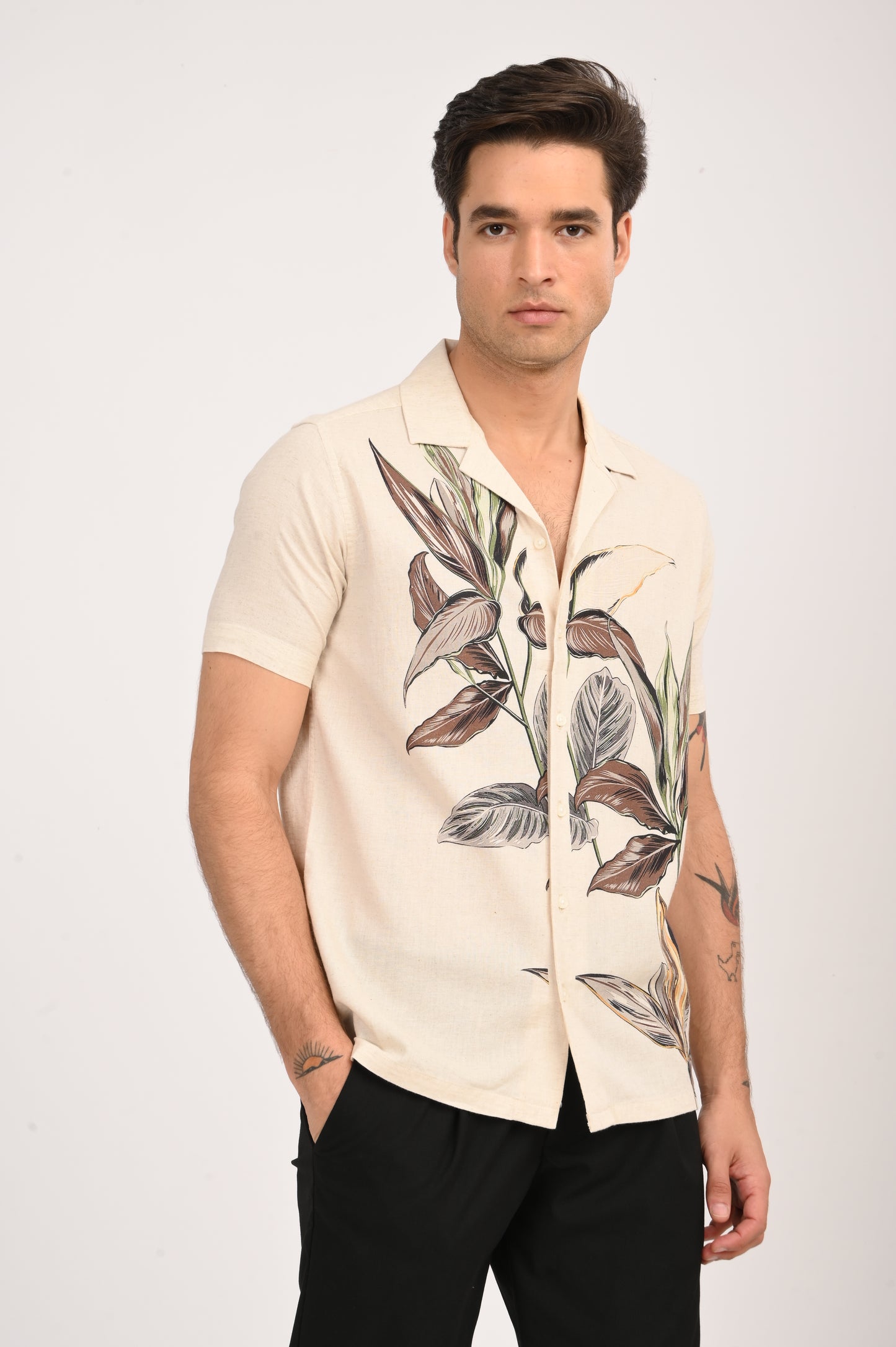 DLAZY EARTH LEAF DIGITAL PRINTED COTTON LINEN SHIRT..