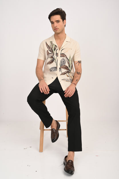 DLAZY EARTH LEAF DIGITAL PRINTED COTTON LINEN SHIRT..