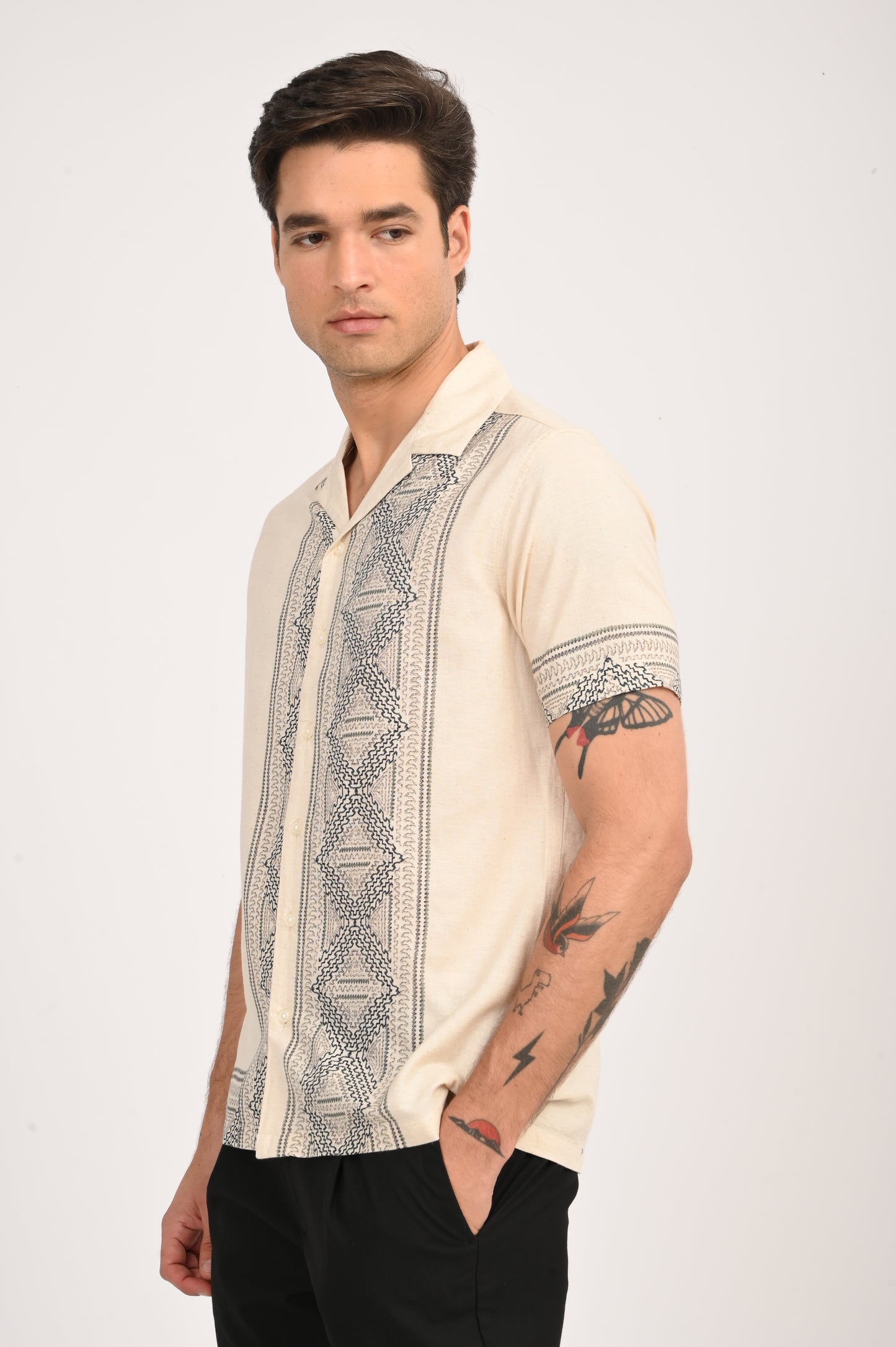 DLAZY ETHINC GEOMETRY DIGITAL PRINTED COTTON LINEN SHIRT..