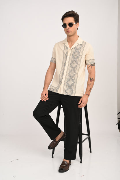 DLAZY ETHINC GEOMETRY DIGITAL PRINTED COTTON LINEN SHIRT..