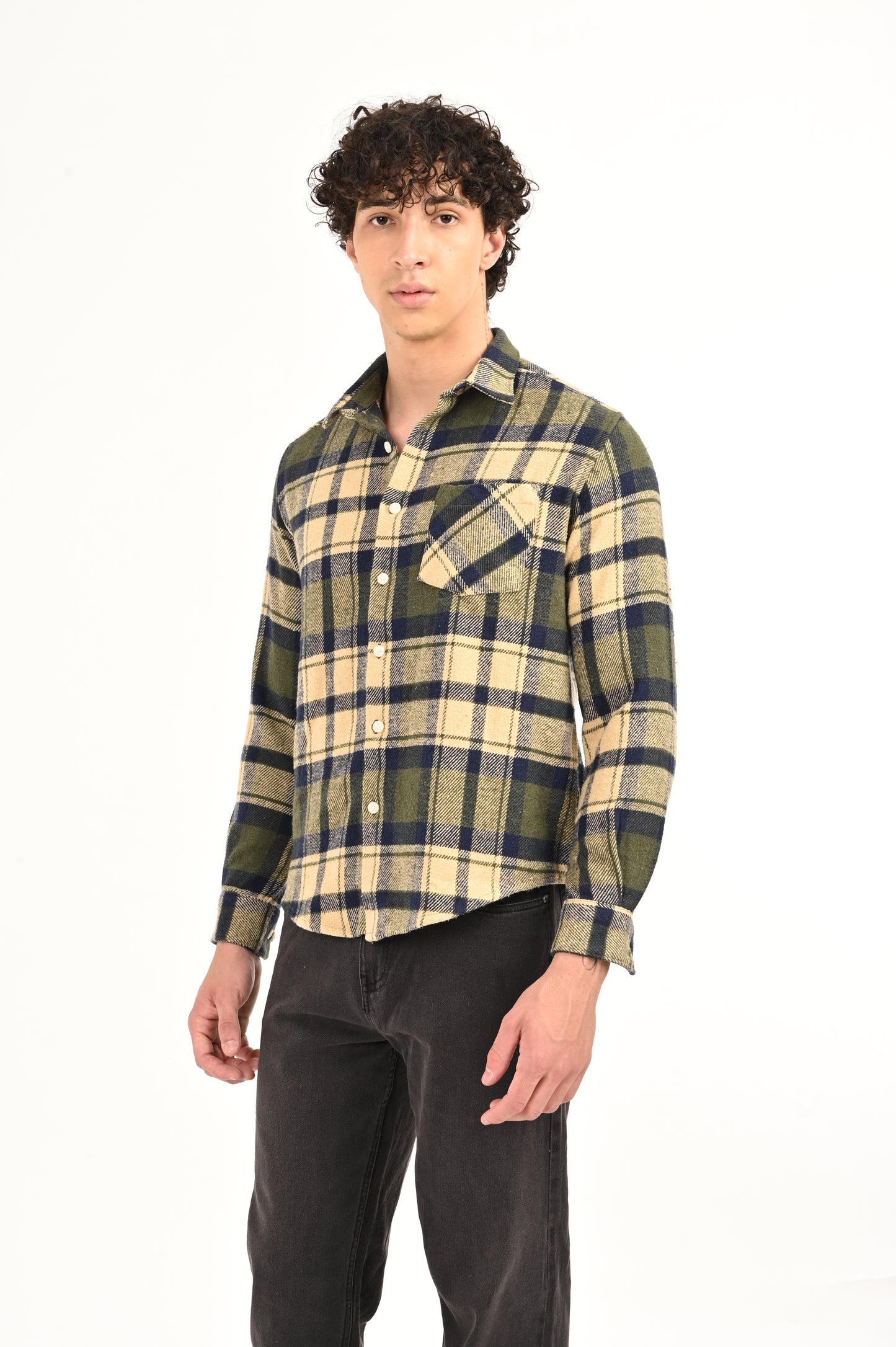 DLAZY BEIGE AND OLIVE GREEN FLANNEL CHECK SHIRT.