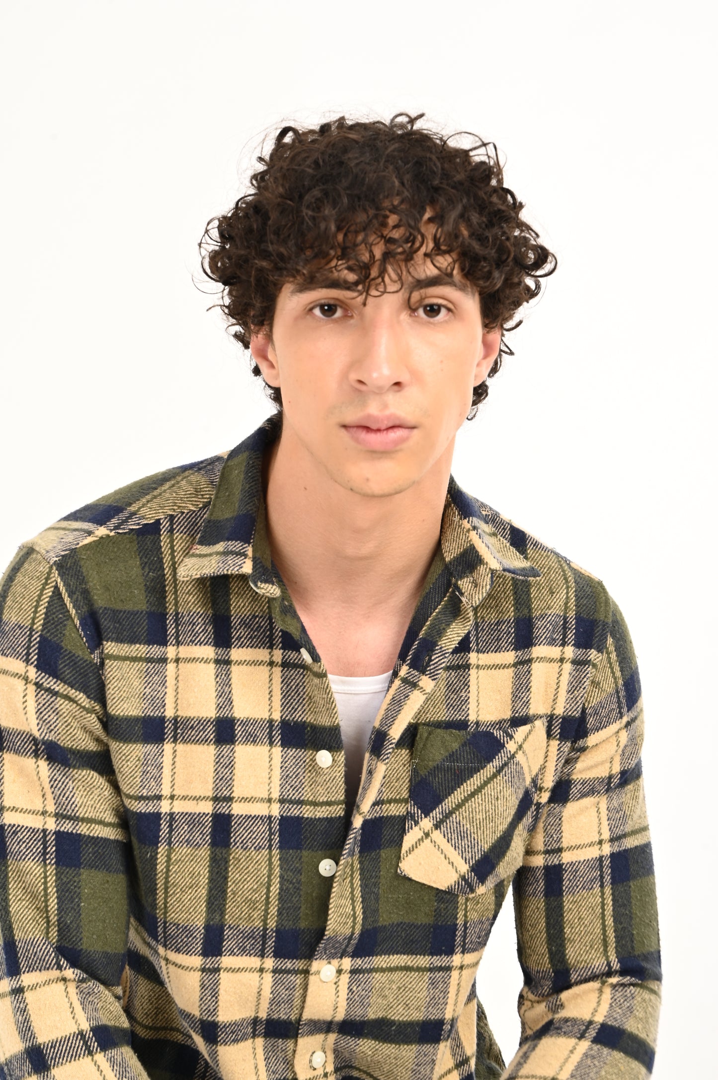 DLAZY BEIGE AND OLIVE GREEN FLANNEL CHECK SHIRT.