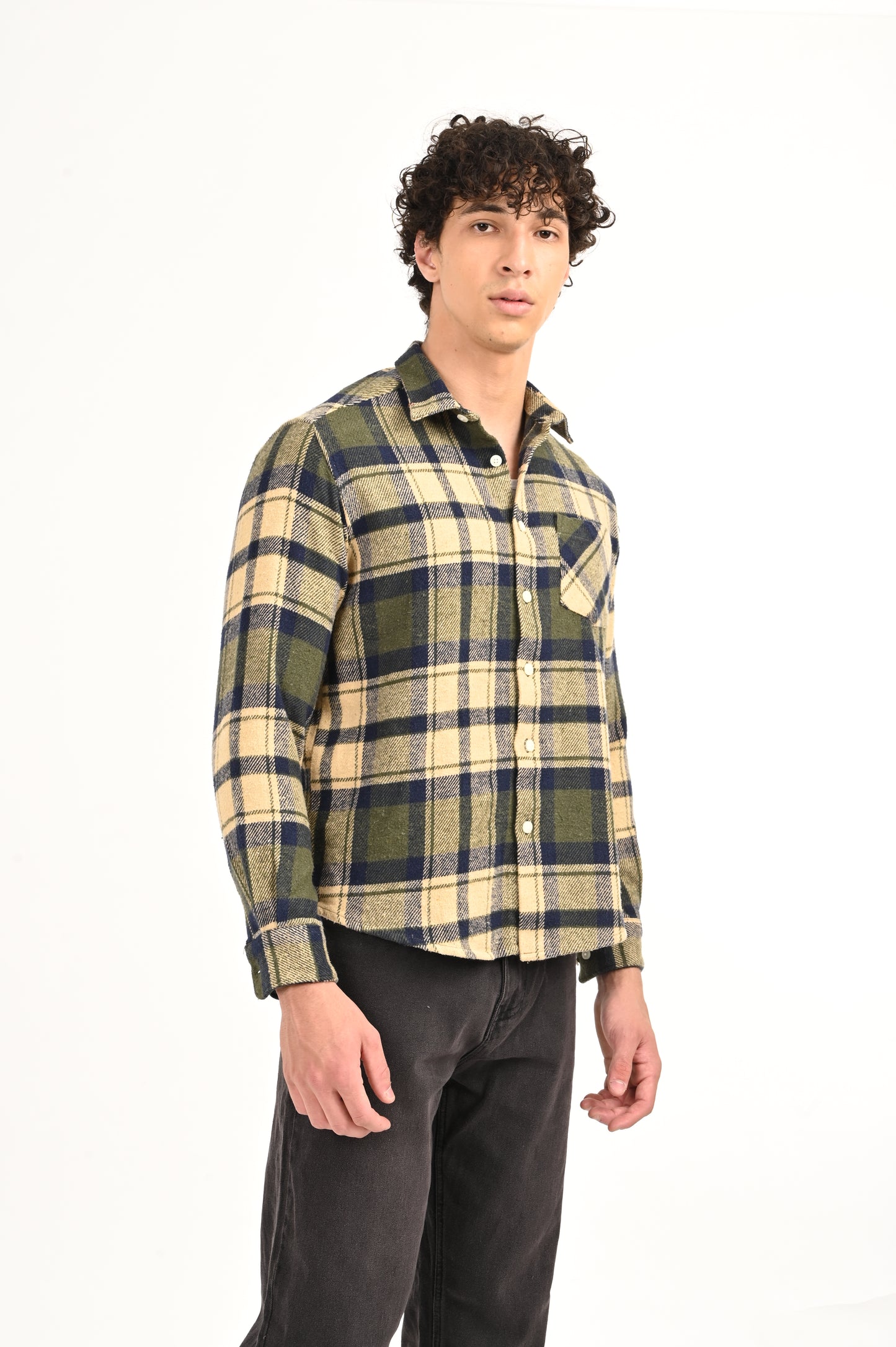 DLAZY BEIGE AND OLIVE GREEN FLANNEL CHECK SHIRT.