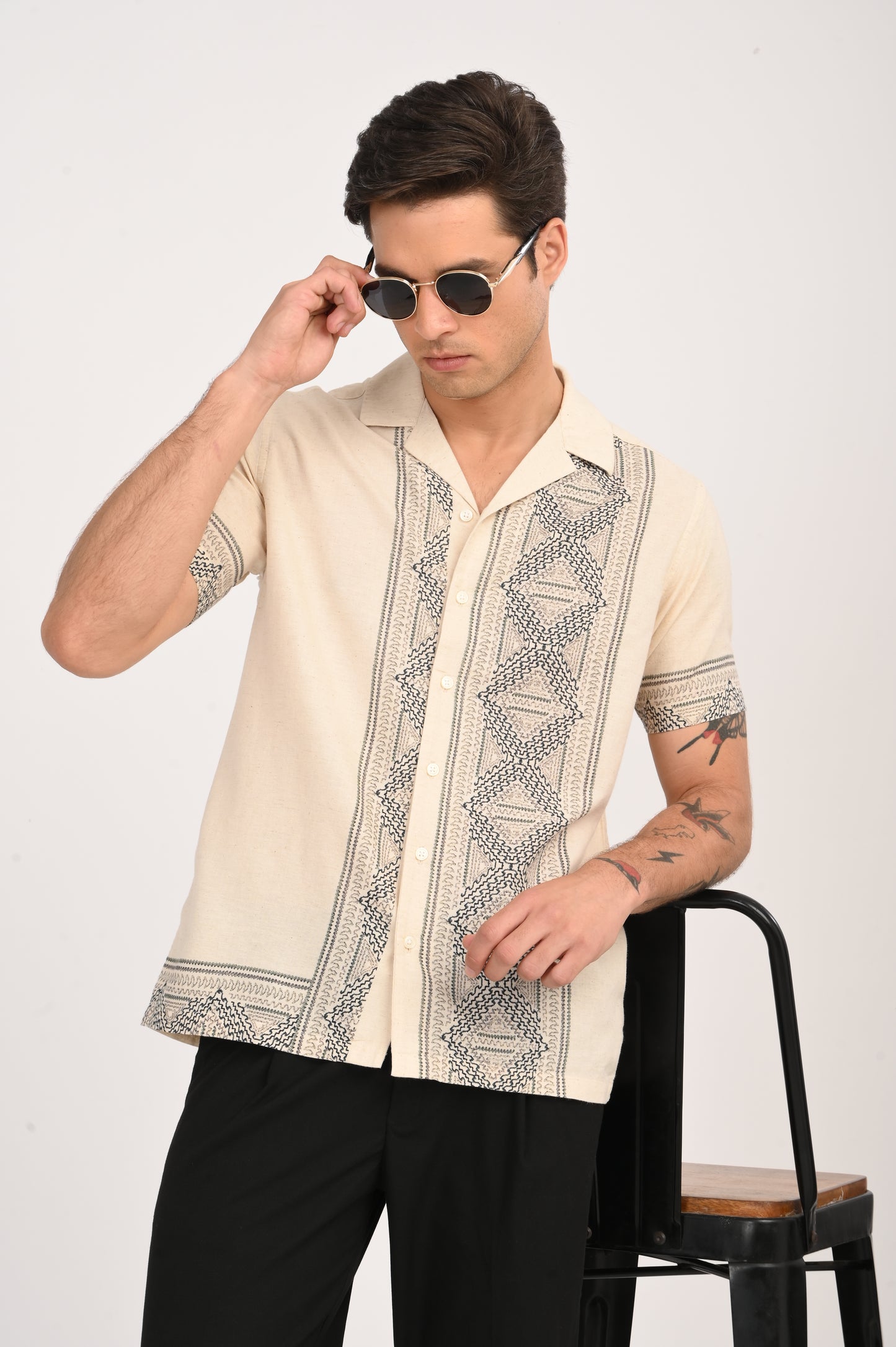 DLAZY ETHINC GEOMETRY DIGITAL PRINTED COTTON LINEN SHIRT..
